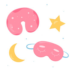 Traveling sleep set. Sleeping mask and travel pillow. Flat vector illustration