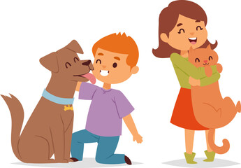 Boy petting happy brown dog and girl holding ginger cat, both kids smiling. Joyful pet ownership and children with animals vector illustration.