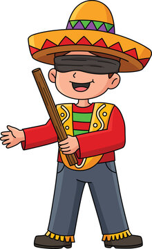 Mexican Boy Holding a Pinata Stick Cartoon Clipart