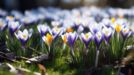 Crocuses in the garden. Early spring Beauty world.