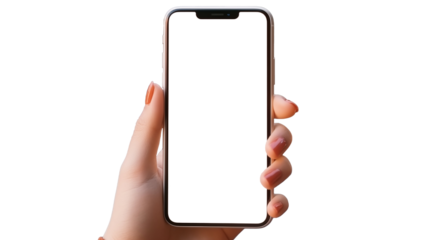 Hand holding the black smartphone with blank screen and modern frameless design, hold Mobile phone on transparent background