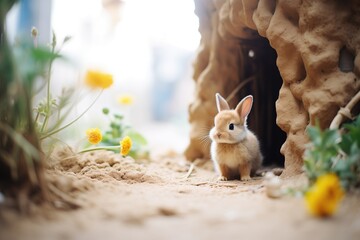 baby rabbit sitting near burrow entrance - obrazy, fototapety, plakaty