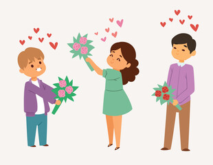 Two boys giving flowers to a girl, children exchanging roses with hearts in the air. Child love, cute boys admiration for girl vector illustration.