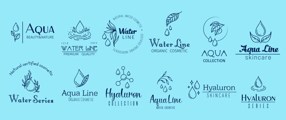 Aqua minimal emblems, hyaluron and water cosmetics, clean, refreshing, and hydrating. Isolated vector set of linear labels, embodies the essence of cosmetic products, pure hydration for radiant skin - obrazy, fototapety, plakaty