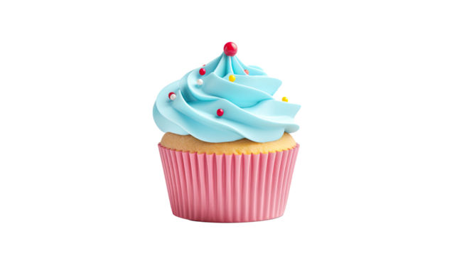 Birthday cupcake with blue cream and decoration isolated on transparent