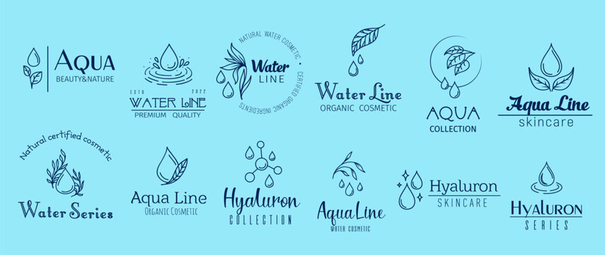Aqua minimal emblems, hyaluron and water cosmetics, clean, refreshing, and hydrating. Isolated vector set of linear labels, embodies the essence of cosmetic products, pure hydration for radiant skin