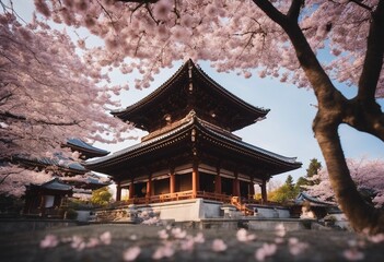 Cherry blossoms and cloud shaped Niwaki tree in the Buddhist Togakuji temple adorned with a golden