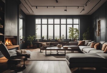 Cozy living room interior with table and panoramic window empty wall