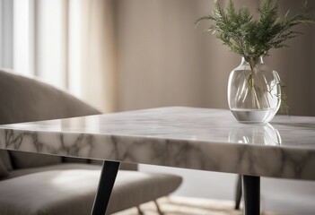 Empty marble stone table in front of blurred bedroom interior background can be used mock up