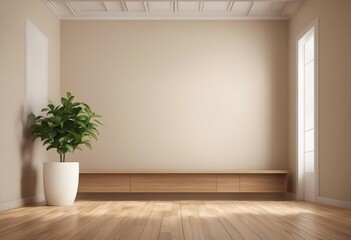 Fototapeta na wymiar Empty room interior background beige wall pot with plant wooden flooring 3d rendering