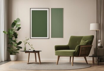 Empty poster frame on beige wall in living room interior with modern furniture and decorative green