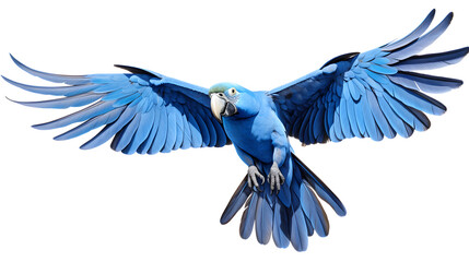 The hyacinth macaw is the largest macaw and flying parrot species. The beautiful blue parrot suffers a lost in population due to pet trade and habitat loss. Isolated on transparent, clipping path © petrrgoskov