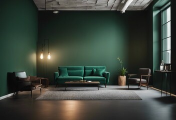 Light room with sofa and armchair on empty dark green wall background