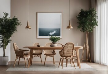 Living room of dining room interior with mock up poster frame stylish table rattan chair wooden kit
