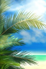 Fototapeta na wymiar Palm leaves and beach and ocean. Tropical background. Generative AI