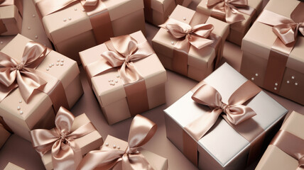Elegant beige gift boxes with satin ribbons, perfect for occasions like weddings or anniversaries.