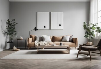 Minimalist modern living room interior background living room mock-up in Scandinavian style empty