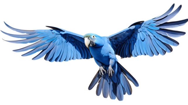 The hyacinth macaw is the largest macaw and flying parrot species. The beautiful blue parrot suffers a lost in population due to pet trade and habitat loss. Isolated on transparent, clipping path