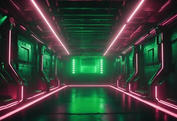 Sci Fi Futuristic Neon Laser Electric Cyber Glowing Bunker Green Lights Stage Garage Hangar Hallway