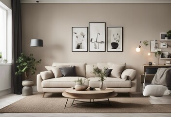 Scandinavian style living room interior mock up modern living room interior background beige sofa