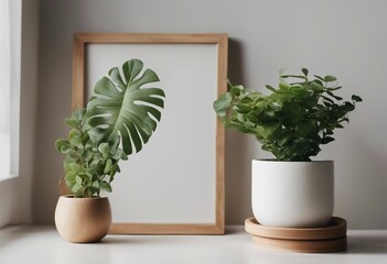 Small vertical wooden frame mockup in scandi style interior with trailing green plant in pot pile