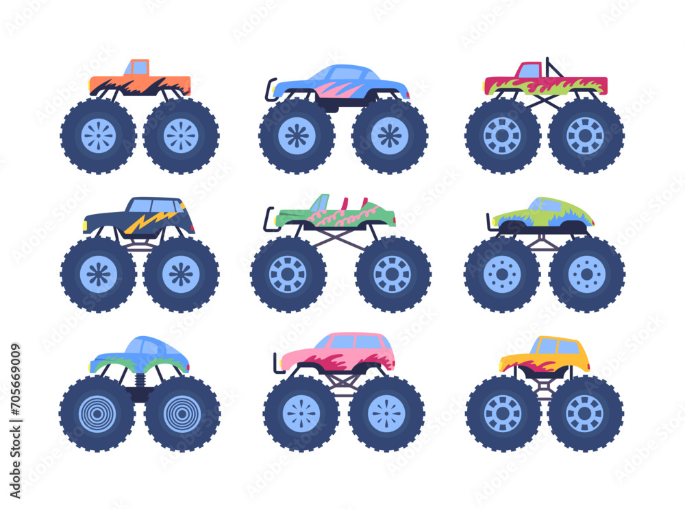 Poster Cartoon Color Different Monster Truck Icon Set Concept Flat Design Style. Vector illustration of Heavy Cars with Large Tires