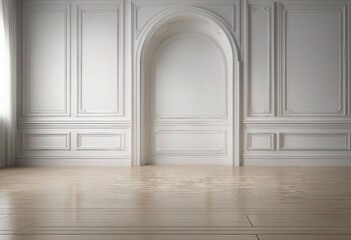 White wall with classic style mouldings and wooden floor empty room interior 3d render
