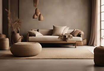 Warm neutral wabi-sabi style interior mockup with low sofa jute rug ceramic jug side table