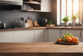 Wooden table top on blur kitchen room background Modern Contemporary kitchen room interior