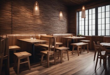 Fototapeta na wymiar Wooden restaurant interior with blank wall