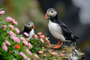 Fototapeta premium A penguin with her cub, mother love and care in wildlife scene