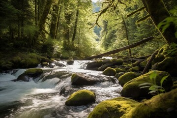 Water streaming through rocks and trees in a lush forested river. Generative AI