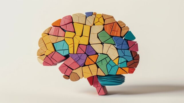 Colorful wooden puzzle brain model. Neurodiversity concept, human mind complexity. Creativity, brainstorming and emotional intelligence.