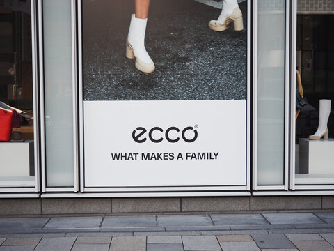 TOKYO, JAPAN - January 4, 2024: Detail of a poster on a the front of an ecco store in Tokyo's Shibuya area.
