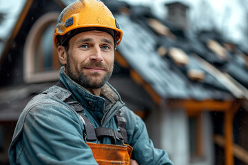smiling roofer stands on foreground, house with new roof on background in bokeh - 705669626