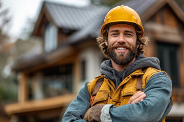 smiling roofer stands on foreground, house with new roof on background in bokeh - obrazy, fototapety, plakaty