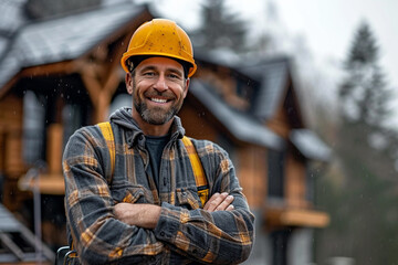 smiling roofer stands on foreground, house with new roof on background in bokeh