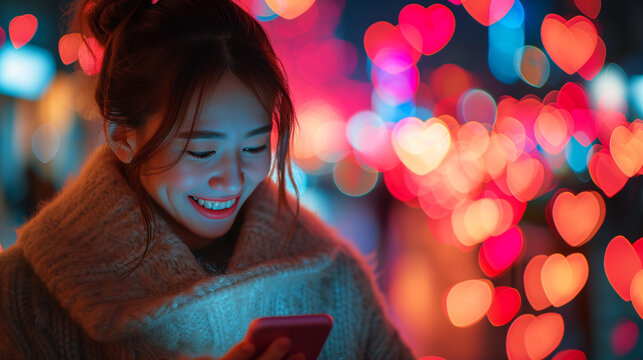 Falling in Love. Smiling young woman looking at her phone with heart-shaped bokeh lights around her. Concept of Valentine's Day, and love is in the air.