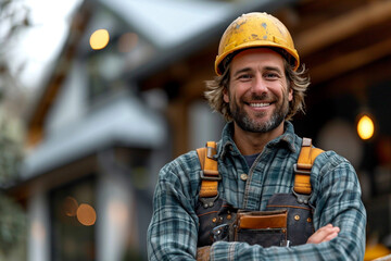 smiling roofer stands on foreground, house with new roof on background in bokeh - obrazy, fototapety, plakaty