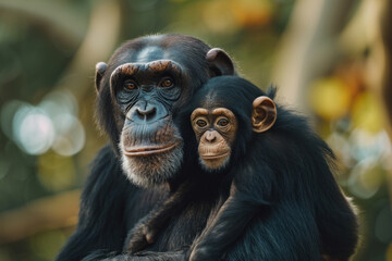 A chimpanzee with her cub, mother love and care in wildlife scene