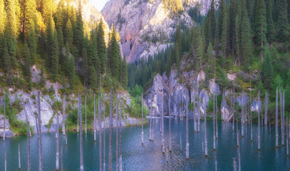 mountain lake Kaindy with dead flooded trees in Kazakhstan Almaty region Tien Shan mountain system