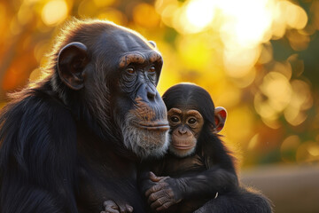 A chimpanzee with her cub, mother love and care in wildlife scene