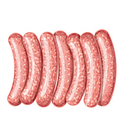 Raw meat sausages vector illustration. Cartoon isolated top view of fresh sausages in row with cover and marinated minced meat of beef or chicken, ground spicy pork or veal for barbecue grill
