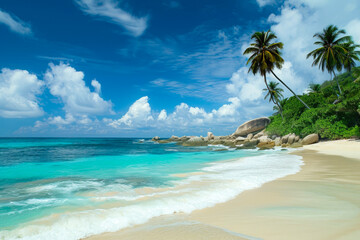 Fototapeta na wymiar Idyllic Tropical Getaway: Sandy Shores and Palm Trees