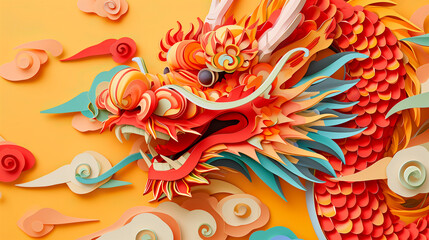 Vibrant Paper-Cut Chinese Dragon Illustration - obrazy, fototapety, plakaty