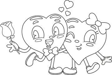 Outlined Cute Hearts Couple Retro Cartoon Characters Flirting. Vector Hand Drawn Illustration Isolated On Transparent Background