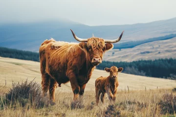 Fotobehang A cow with her cub, mother loves and cares in everyday life © Aris