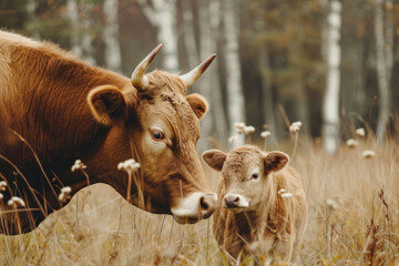 A cow with her cub, mother loves and cares in everyday life