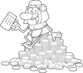 Outlined Happy Leprechaun Woman Cartoon Character With A Mug of Beer Sits On A Pile Of Gold Coins. Vector Hand Drawn Illustration Isolated On Transparent Background