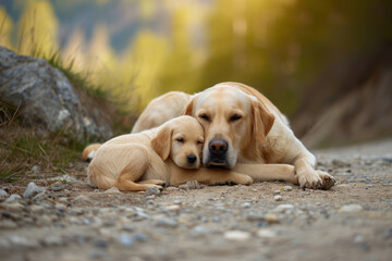 A dog with her cub, mother love and care in everyday life